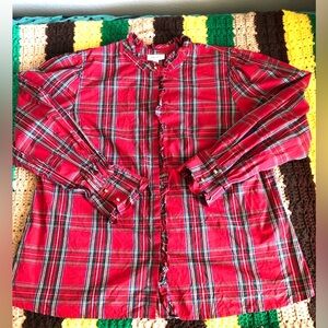 Macy's On 34th tartan long sleeve ruffled blouse XL